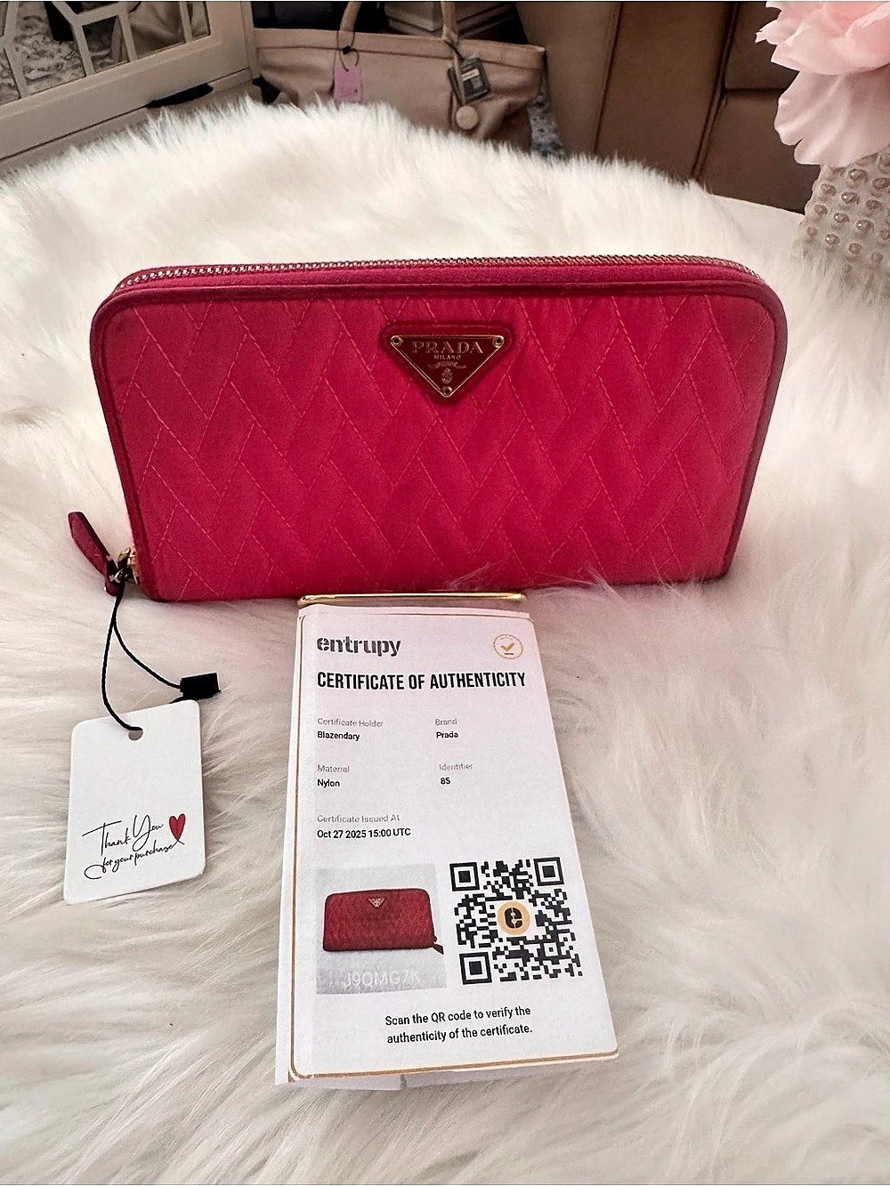 Prada Quilted Nylon Zip Around Wallet Pink